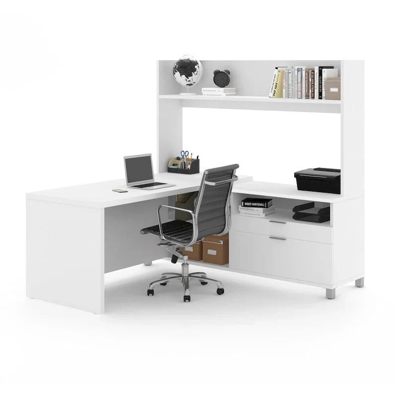 Escritorio ejecutivo blanco en forma de L con estante superior y cajones, amplia estación de trabajo esquinera para computadora y oficina en casa