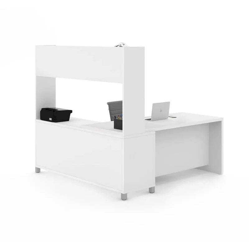 Escritorio ejecutivo blanco en forma de L con estante superior y cajones, amplia estación de trabajo esquinera para computadora y oficina en casa
