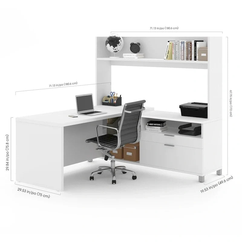 White L-Shaped Executive Desk with Hutch & Drawers, Large Corner Computer Workstation for Home Office