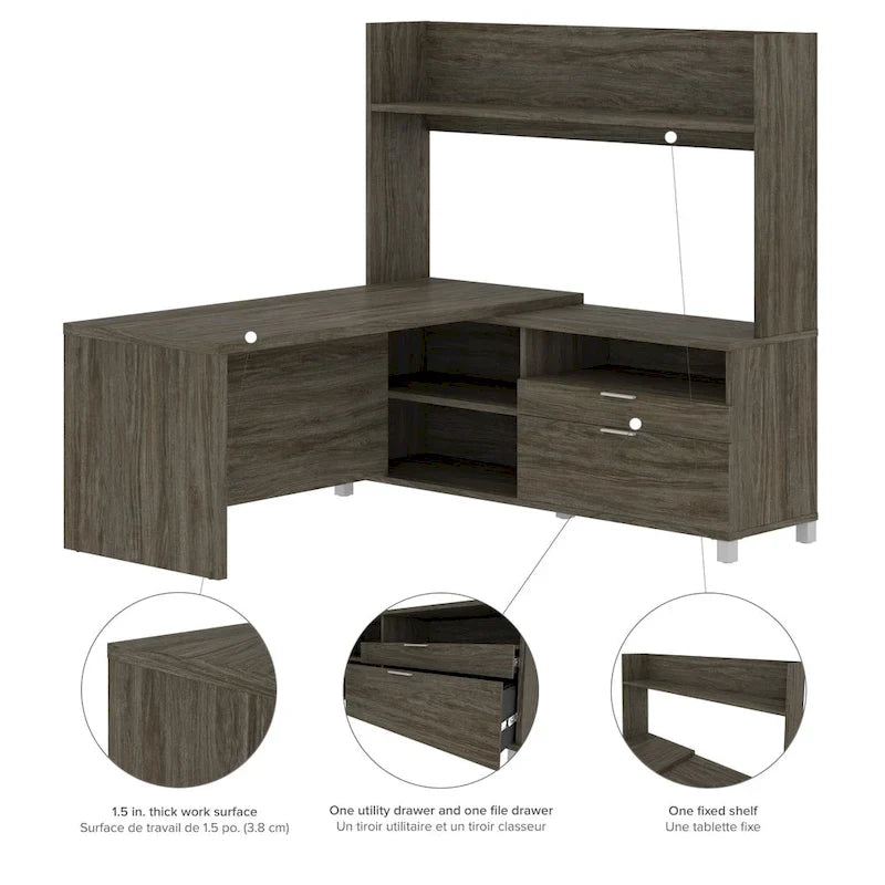 White L-Shaped Executive Desk with Hutch & Drawers, Large Corner Computer Workstation for Home Office