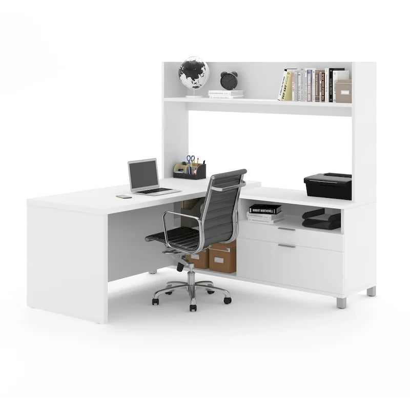 White L-Shaped Executive Desk with Hutch & Drawers, Large Corner Computer Workstation for Home Office