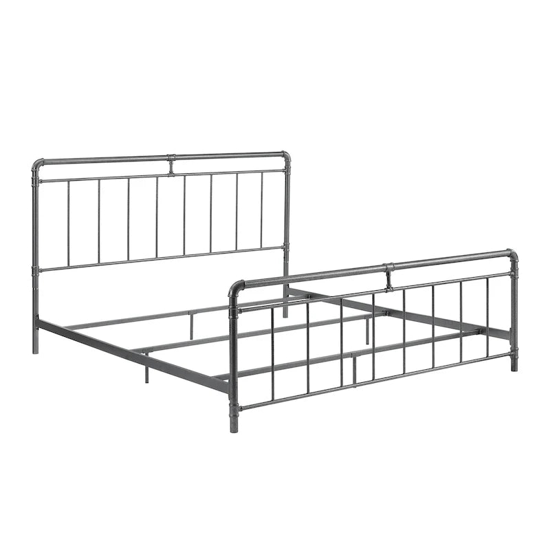 Estructura de cama industrial de metal tipo plataforma, cama de estilo vintage con tuberías, cabecera y piecera, no necesita somier