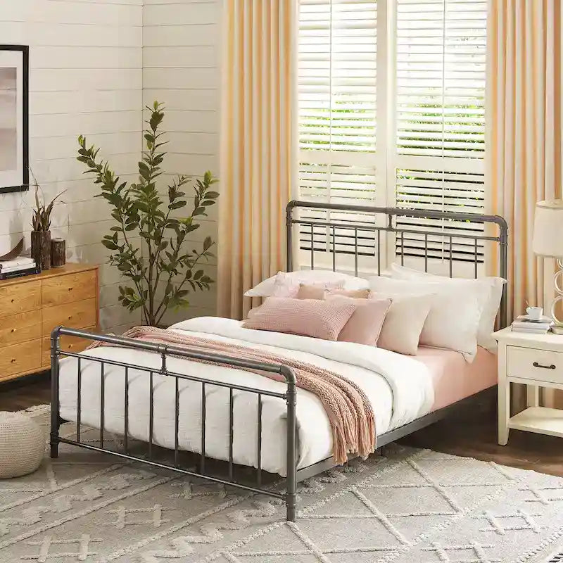 Estructura de cama industrial de metal tipo plataforma, cama de estilo vintage con tuberías, cabecera y piecera, no necesita somier