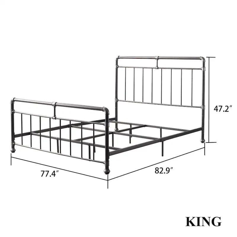 Estructura de cama industrial de metal tipo plataforma, cama de estilo vintage con tuberías, cabecera y piecera, no necesita somier