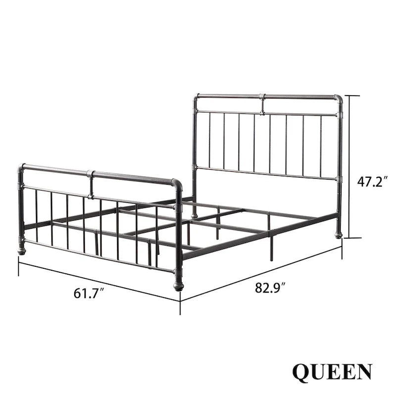 Estructura de cama industrial de metal tipo plataforma, cama de estilo vintage con tuberías, cabecera y piecera, no necesita somier