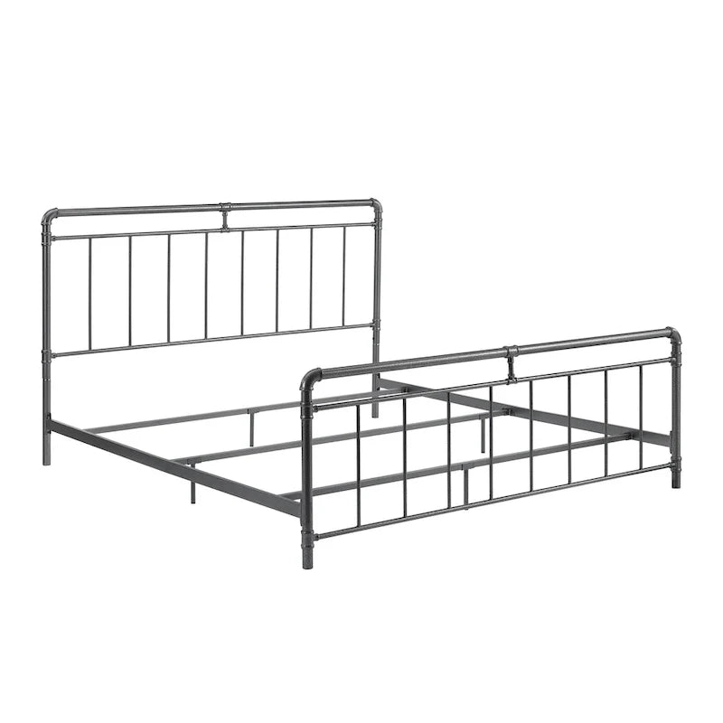 Estructura de cama industrial de metal tipo plataforma, cama de estilo vintage con tuberías, cabecera y piecera, no necesita somier