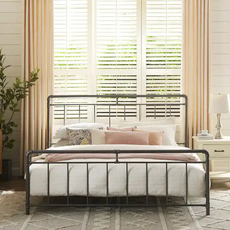 Estructura de cama industrial de metal tipo plataforma, cama de estilo vintage con tuberías, cabecera y piecera, no necesita somier