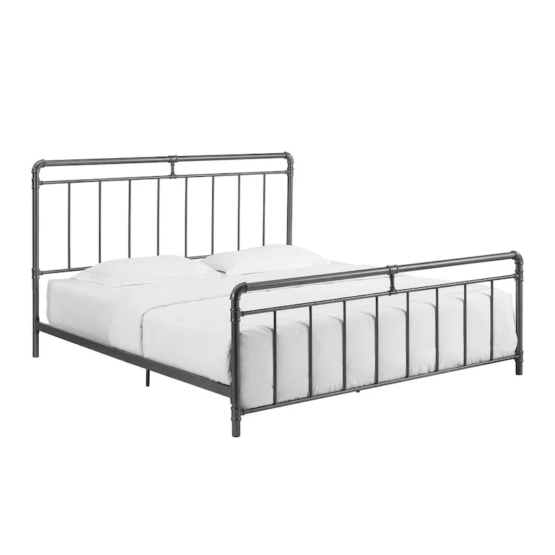 Estructura de cama industrial de metal tipo plataforma, cama de estilo vintage con tuberías, cabecera y piecera, no necesita somier