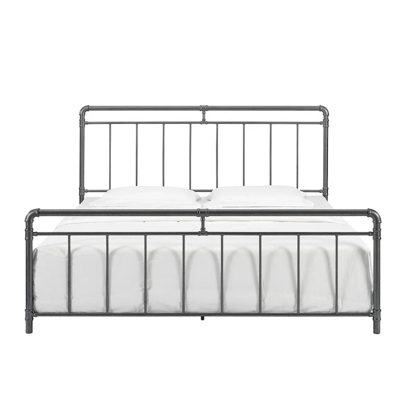 Estructura de cama industrial de metal tipo plataforma, cama de estilo vintage con tuberías, cabecera y piecera, no necesita somier
