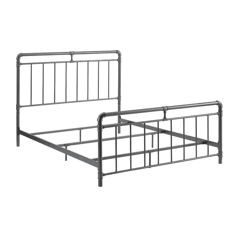 Estructura de cama industrial de metal tipo plataforma, cama de estilo vintage con tuberías, cabecera y piecera, no necesita somier