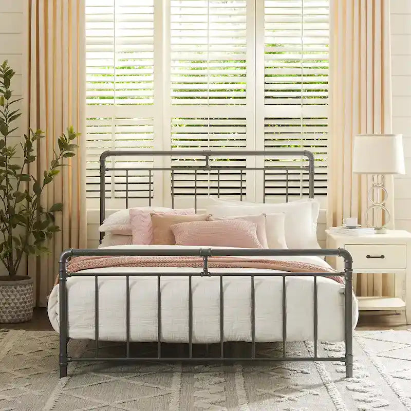 Estructura de cama industrial de metal tipo plataforma, cama de estilo vintage con tuberías, cabecera y piecera, no necesita somier