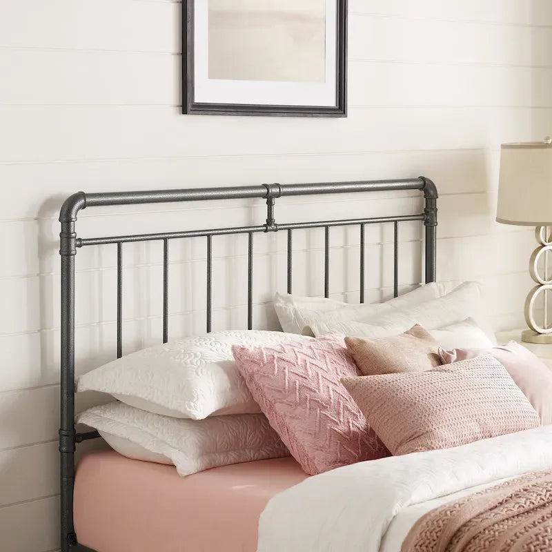 Estructura de cama industrial de metal tipo plataforma, cama de estilo vintage con tuberías, cabecera y piecera, no necesita somier