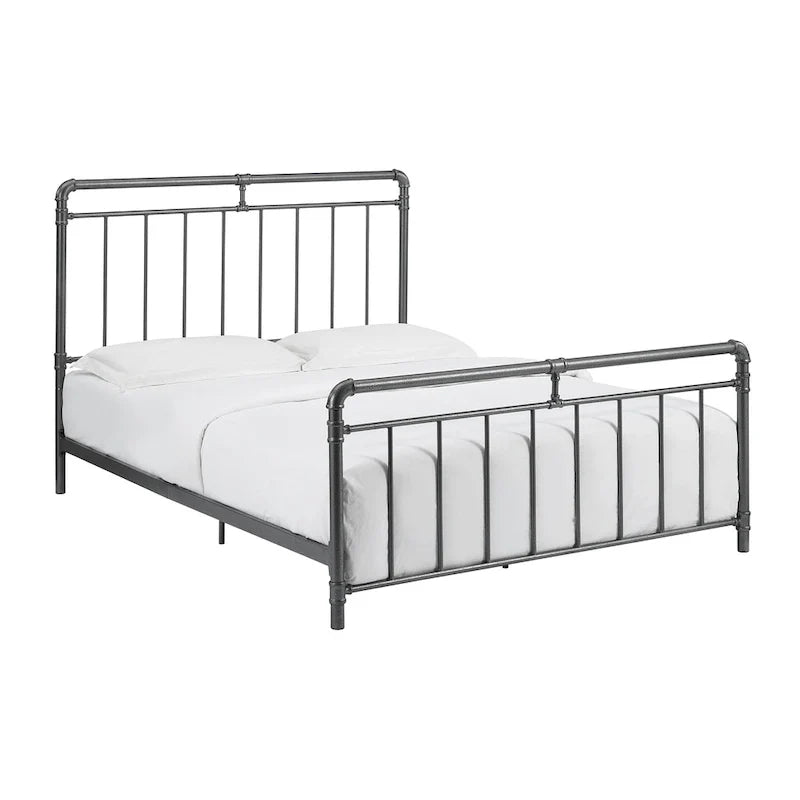 Estructura de cama industrial de metal tipo plataforma, cama de estilo vintage con tuberías, cabecera y piecera, no necesita somier