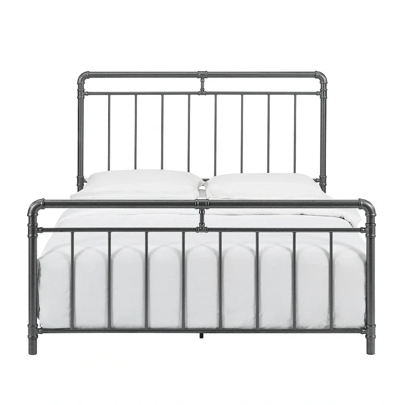 Estructura de cama industrial de metal tipo plataforma, cama de estilo vintage con tuberías, cabecera y piecera, no necesita somier