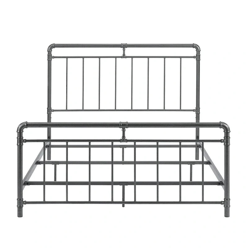 Estructura de cama industrial de metal tipo plataforma, cama de estilo vintage con tuberías, cabecera y piecera, no necesita somier