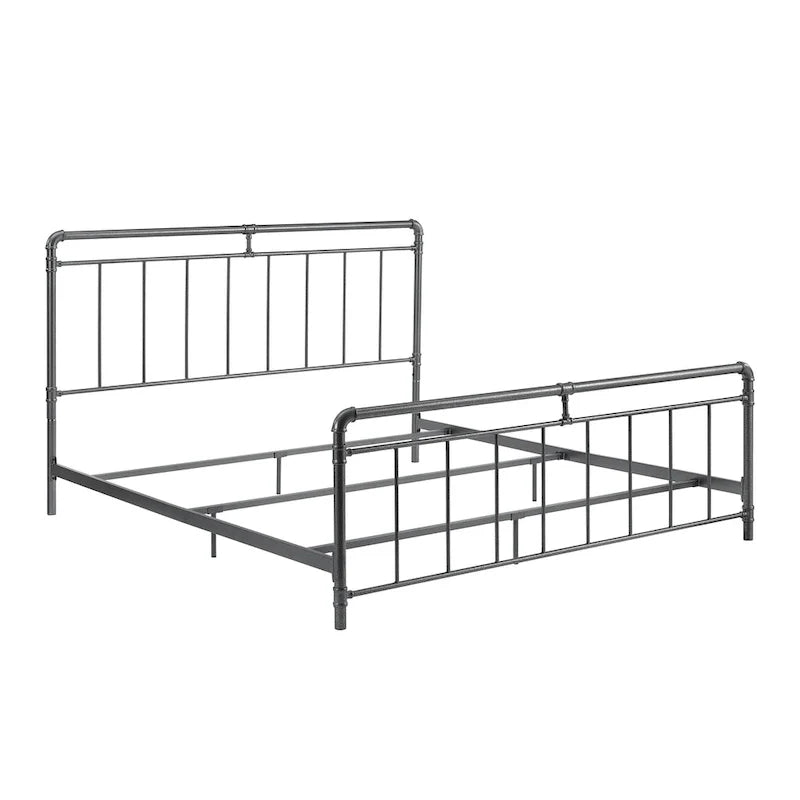 Estructura de cama industrial de metal tipo plataforma, cama de estilo vintage con tuberías, cabecera y piecera, no necesita somier