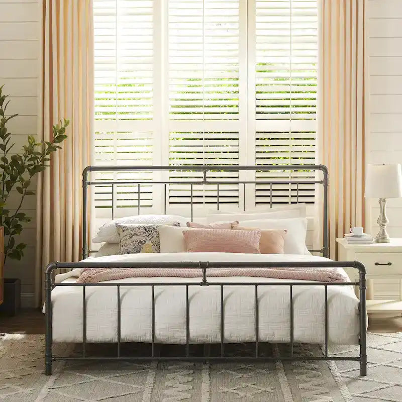 Estructura de cama industrial de metal tipo plataforma, cama de estilo vintage con tuberías, cabecera y piecera, no necesita somier