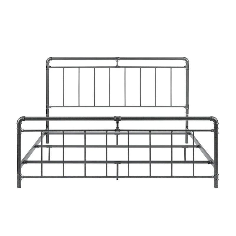 Estructura de cama industrial de metal tipo plataforma, cama de estilo vintage con tuberías, cabecera y piecera, no necesita somier