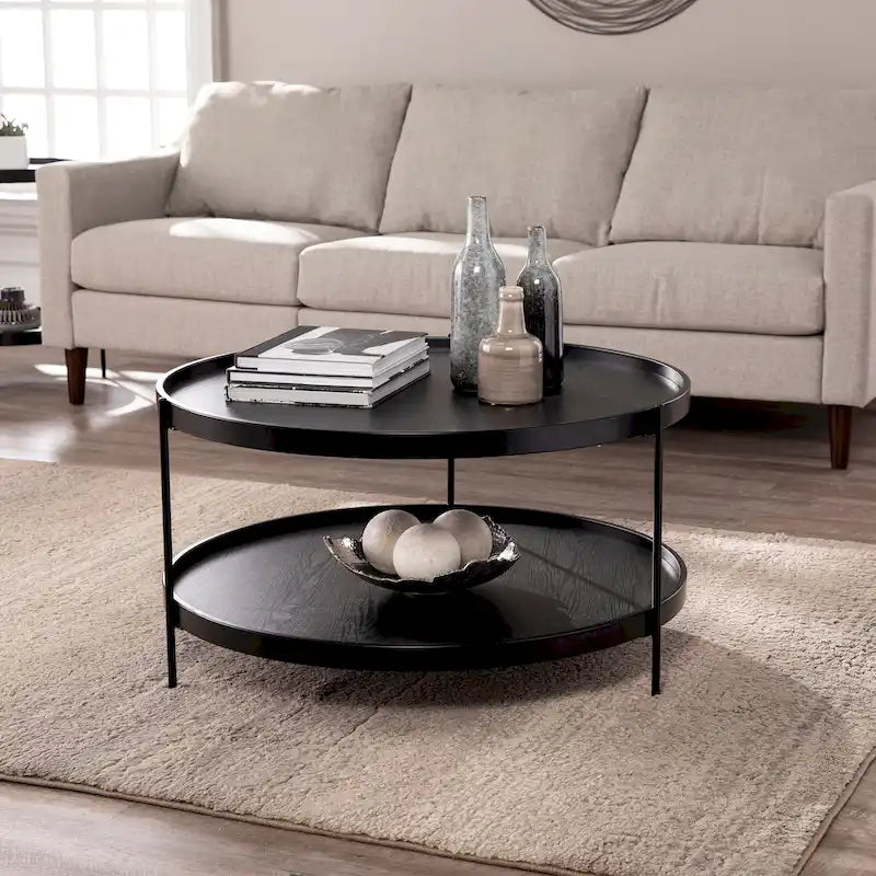 Runder Couchtisch aus Holz mit Maserung im Mid-Century-Modern-Stil und zwei Ebenen