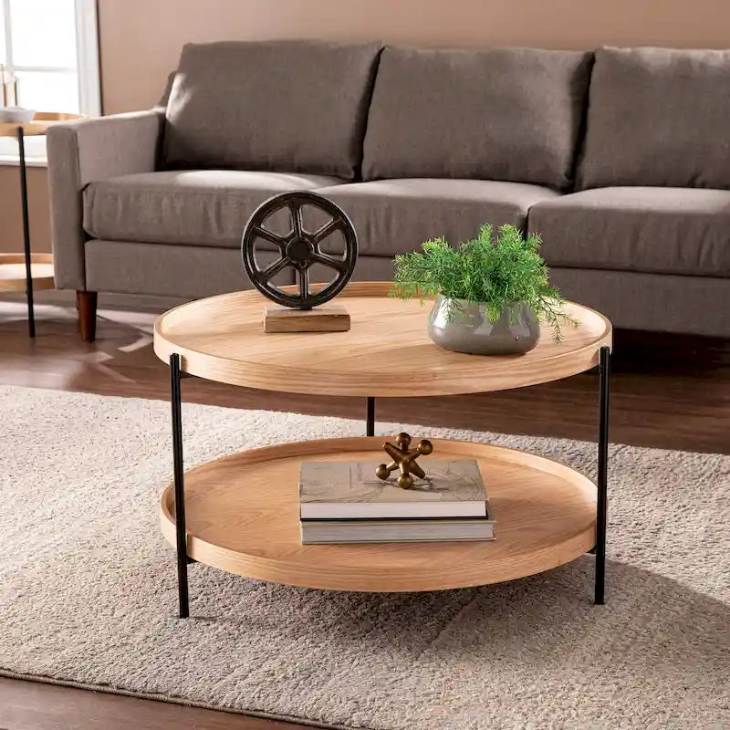 Runder Couchtisch aus Holz mit Maserung im Mid-Century-Modern-Stil und zwei Ebenen