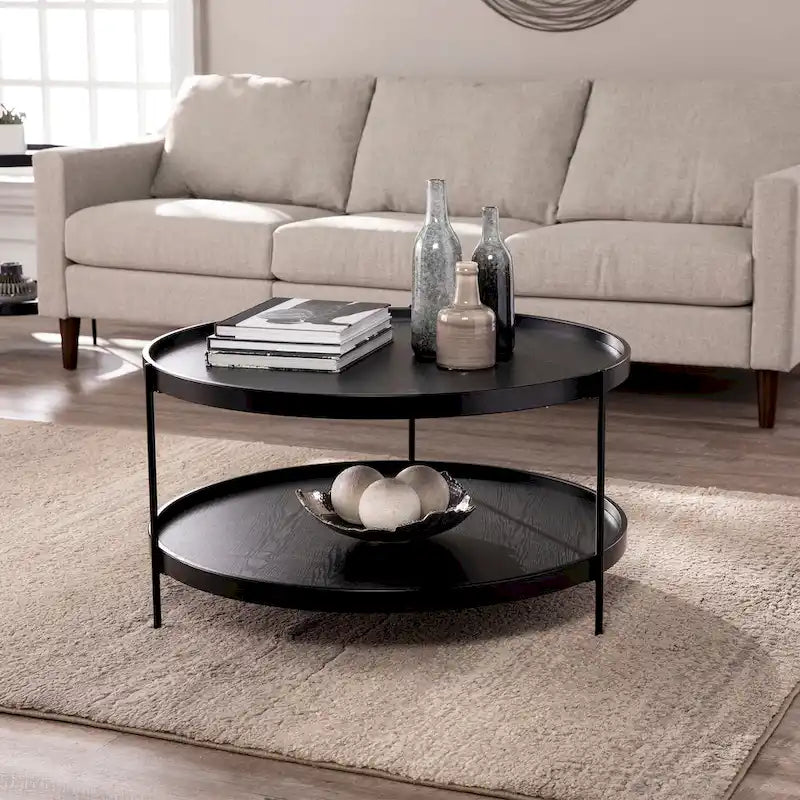 SEI Furniture Vaquero Mid Century Modern Round Wood Grain Two Tier Coffee Table