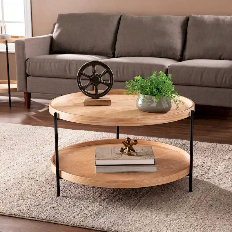 Runder Couchtisch aus Holz mit Maserung im Mid-Century-Modern-Stil und zwei Ebenen