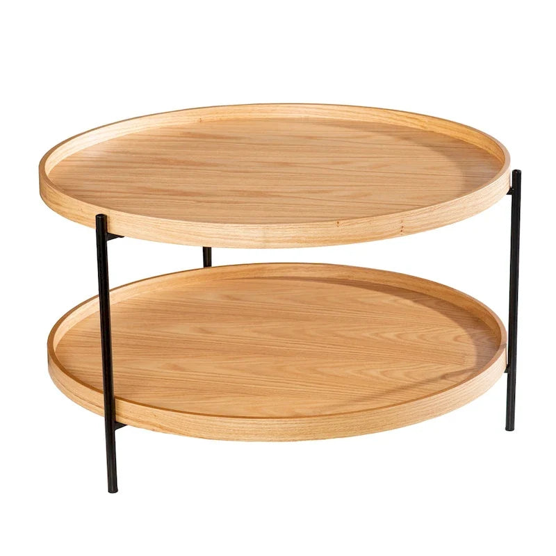 Runder Couchtisch aus Holz mit Maserung im Mid-Century-Modern-Stil und zwei Ebenen
