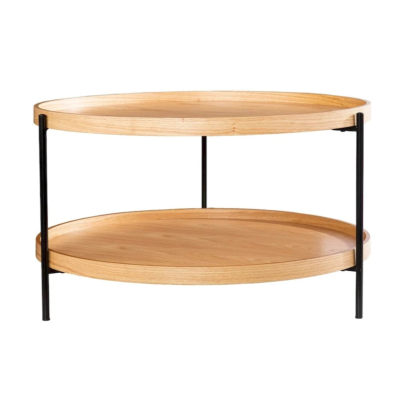 Runder Couchtisch aus Holz mit Maserung im Mid-Century-Modern-Stil und zwei Ebenen