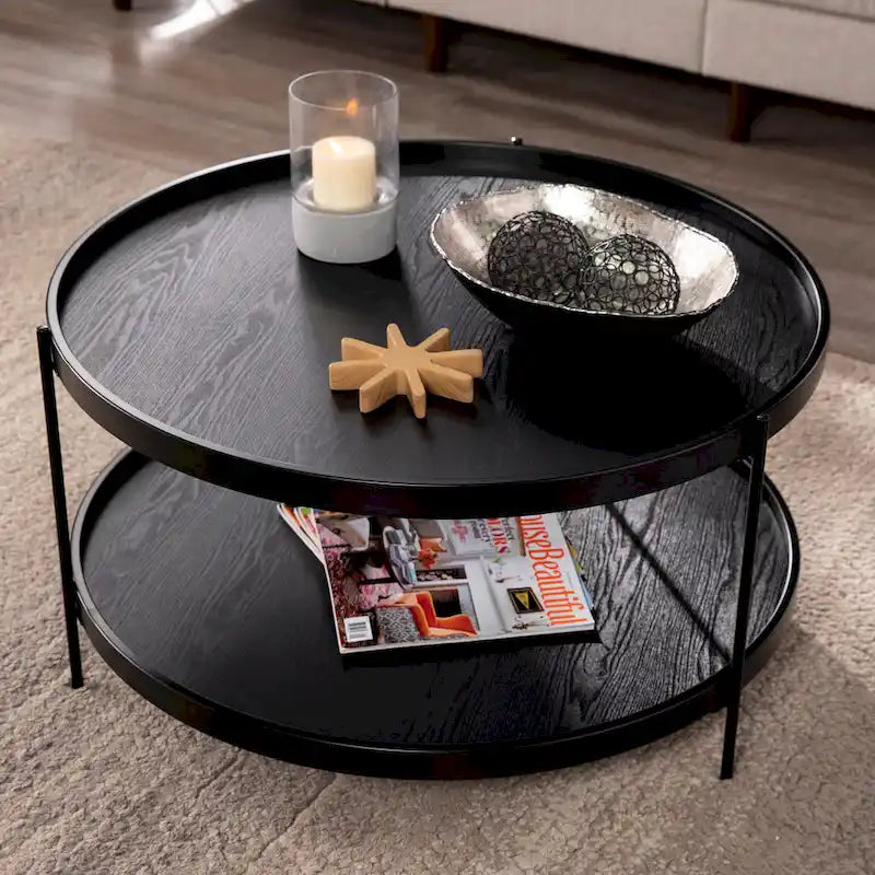 Runder Couchtisch aus Holz mit Maserung im Mid-Century-Modern-Stil und zwei Ebenen