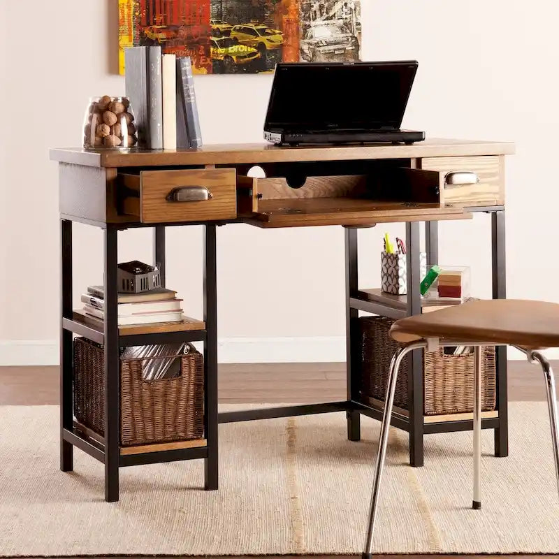 Rustikaler Schreibtisch mit Schubladen und seitlichen Ablagefächern, Computertisch aus Holz und Metall im Industrial-Stil fürs Homeoffice