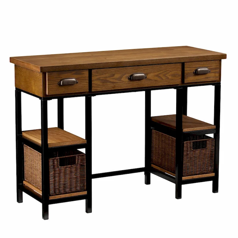 Rustikaler Schreibtisch mit Schubladen und seitlichen Ablagefächern, Computertisch aus Holz und Metall im Industrial-Stil fürs Homeoffice