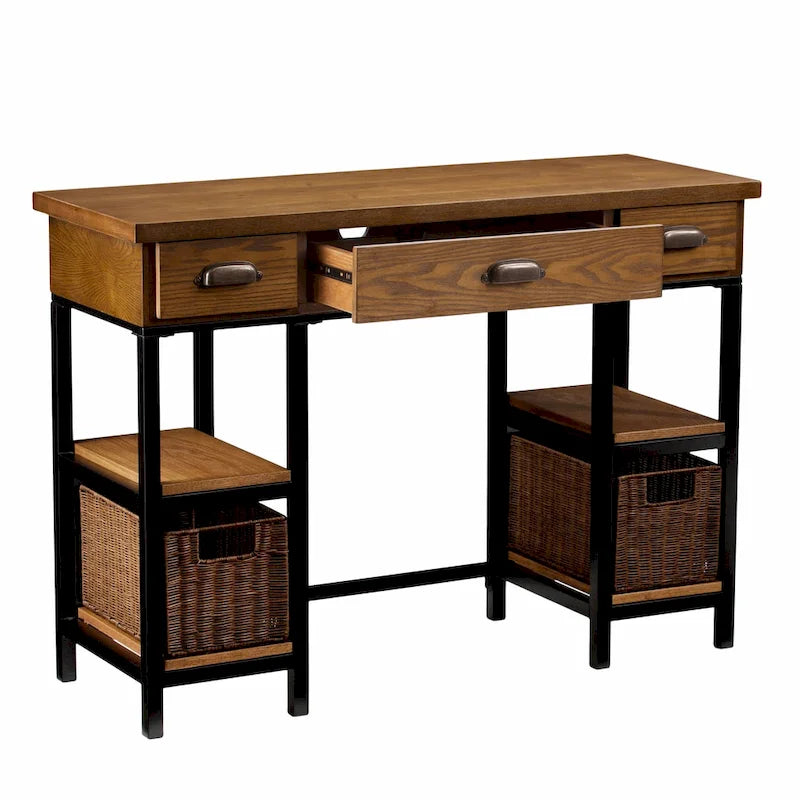Escritorio rústico para escribir con cajones y estantes de almacenamiento laterales, escritorio industrial de madera y metal para computadora, para casa o la oficina
