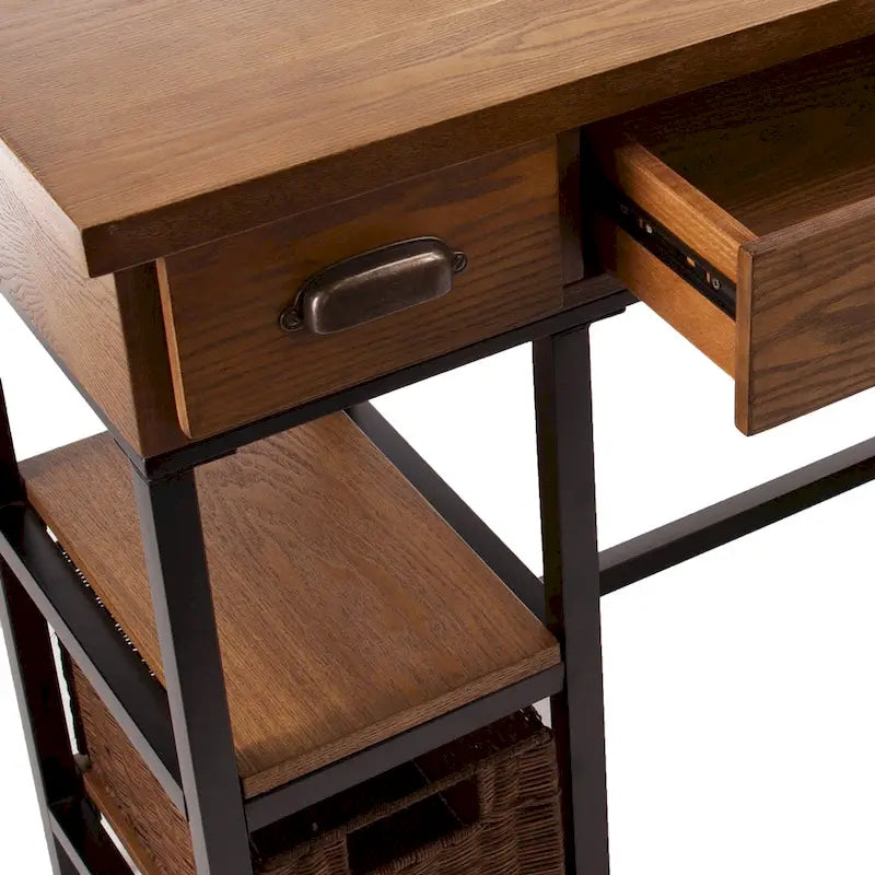 Rustikaler Schreibtisch mit Schubladen und seitlichen Ablagefächern, Computertisch aus Holz und Metall im Industrial-Stil fürs Homeoffice