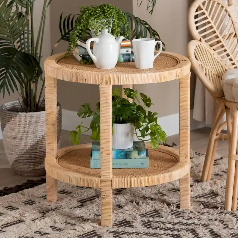 Bella Modern Bohemian Natural Brown Mahogany Wood and Natural Rattan 2-Tier End Table