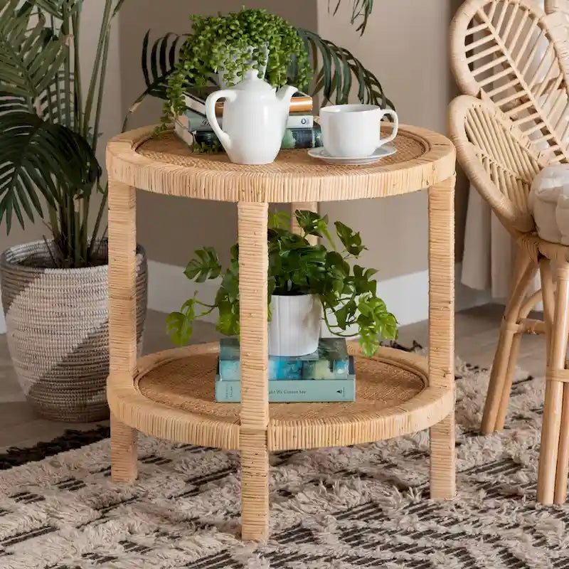 Natural Brown Mahogany Wood and Natural Rattan