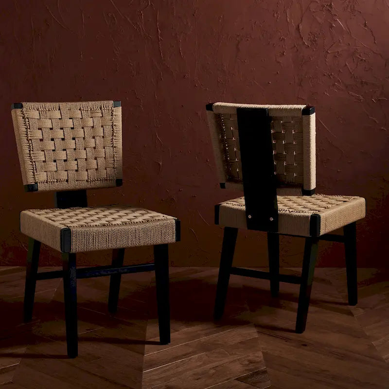 Woven Rope Dining Chairs, Hand Woven Upholstered Side Chairs with Wood Frame