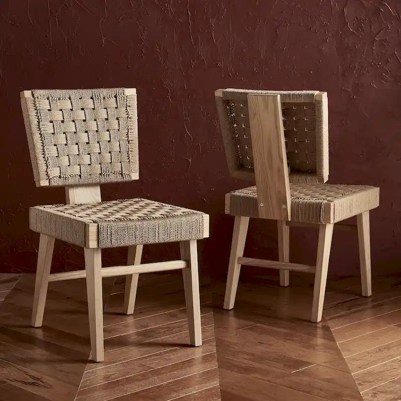 Woven Rope Dining Chairs, Hand Woven Upholstered Side Chairs with Wood Frame