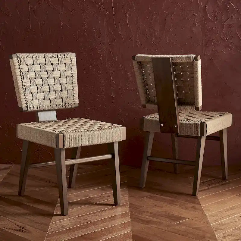 Woven Rope Dining Chairs, Hand Woven Upholstered Side Chairs with Wood Frame