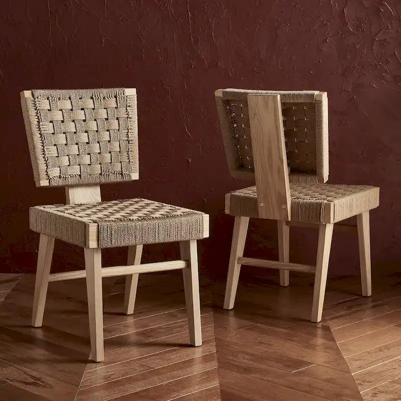 Woven Rope Dining Chairs, Hand Woven Upholstered Side Chairs with Wood Frame