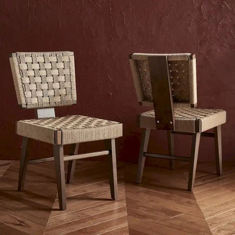 Woven Rope Dining Chairs, Hand Woven Upholstered Side Chairs with Wood Frame