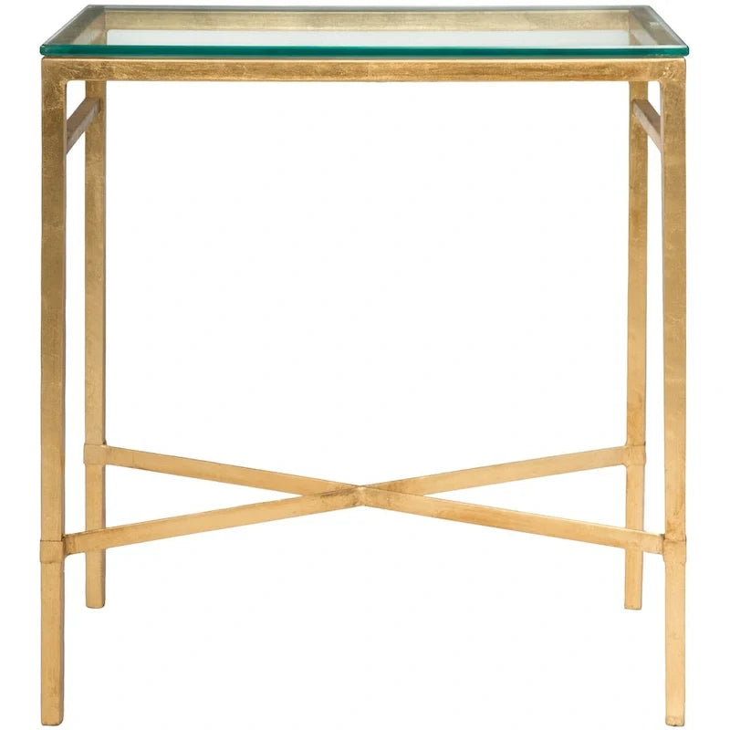 Beistelltisch mit goldenem Metallgestell und Glasplatte, moderner transparenter Glastisch fürs Wohnzimmer