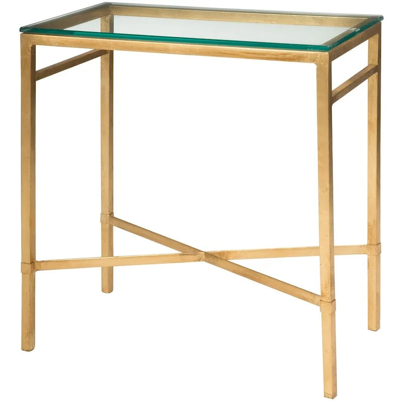 Beistelltisch mit goldenem Metallgestell und Glasplatte, moderner transparenter Glastisch fürs Wohnzimmer