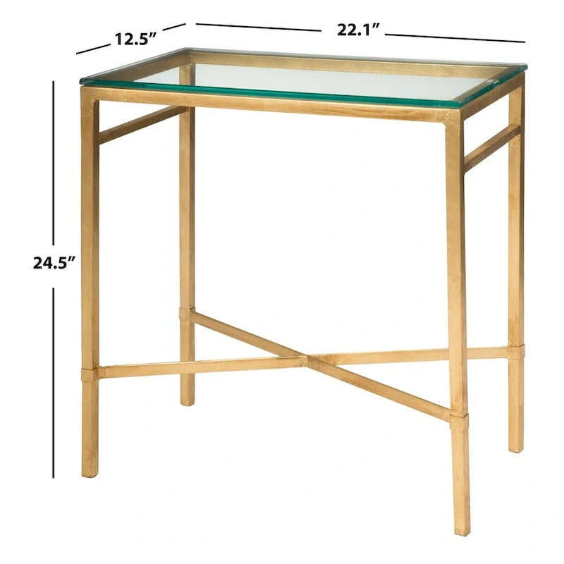 Beistelltisch mit goldenem Metallgestell und Glasplatte, moderner transparenter Glastisch fürs Wohnzimmer