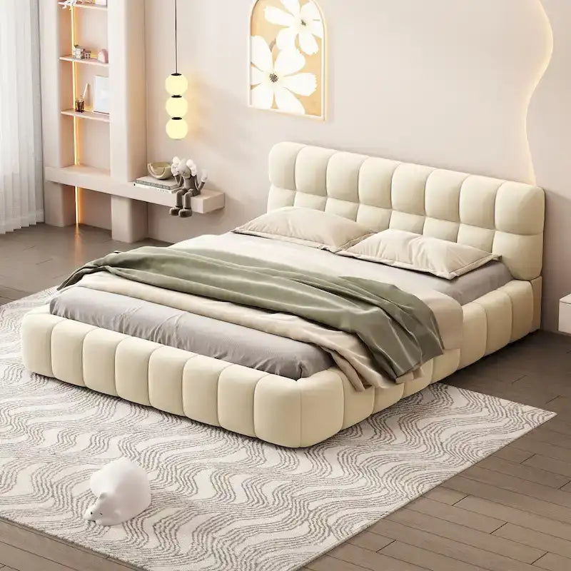 Cama de plataforma tapizada con tela gruesa