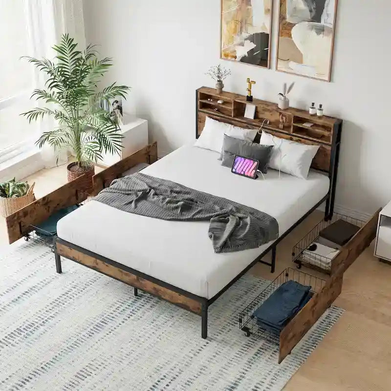 Estructura de cama Queen con cabecera de almacenamiento y 4 cajones