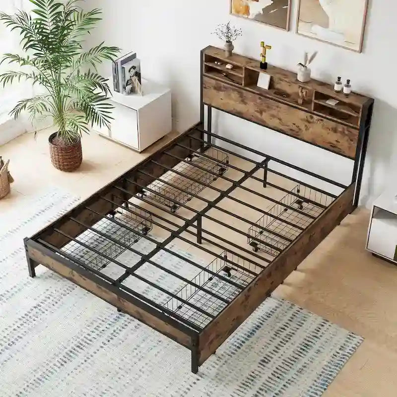 Estructura de cama Queen con cabecera de almacenamiento y 4 cajones