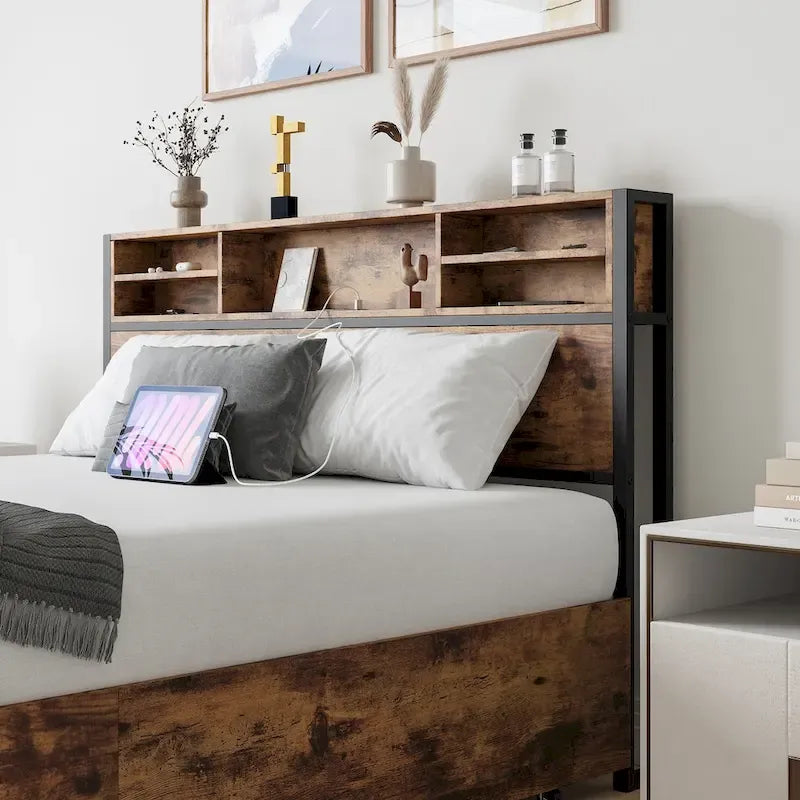 Estructura de cama Queen con cabecera de almacenamiento y 4 cajones