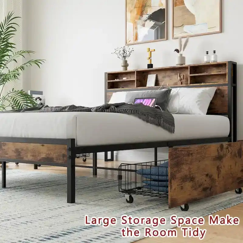 Estructura de cama Queen con cabecera de almacenamiento y 4 cajones