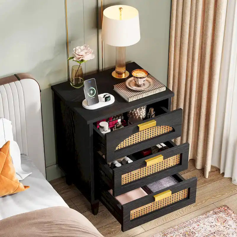 Wood/ Rattan Nightstand Bedside Table with 3-drawer