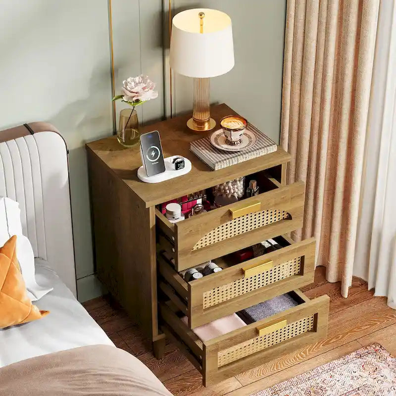 Nachttisch aus Holz und Rattan